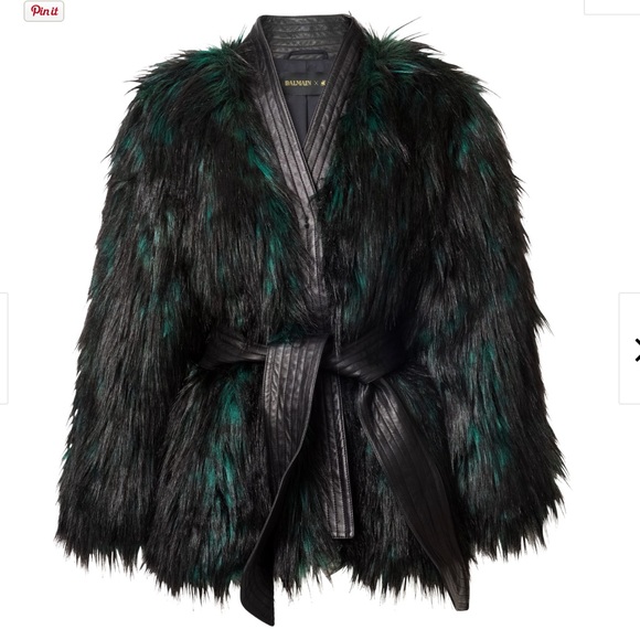 Balmain Jackets & Blazers - Balmain H&M Emerald Black Faux Fur Wrap Coat 10